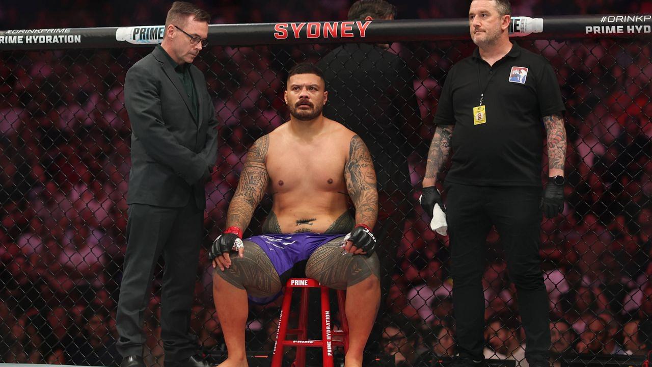 Justin Tafa of New Zealand looks on after his loss to Tallison Teixera of Brazil during the UFC 312 event at Qudos Bank Arena in Sydney, Sunday, February 9, 2025.