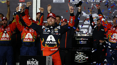 Feb 16, 2025; Daytona Beach, Florida, USA; NASCAR Cup Series driver William Byron (24) reacts in victory lane after winning the Daytona 500 at Daytona International Speedway. Mandatory Credit: Peter Casey-Imagn Images