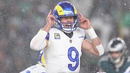 Jan 19, 2025; Philadelphia, Pennsylvania, USA; Los Angeles Rams quarterback Matthew Stafford (9) calls a play from the line of scrimmage in the third quarter against the Philadelphia Eagles in a 2025 NFC divisional round game at Lincoln Financial Field.