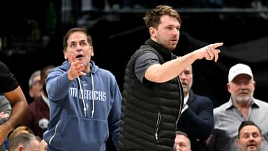 Dallas Mavericks guard Luka Doncic (right) and Mark Cuban (left) argue a call during the second half of the game against the New Orleans Pelicans at the American Airlines Center