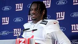 New York Giants wide receiver Malik Nabers (1) during press conference at the FC Bayern Munchen training grounds at Sabener Strasse.