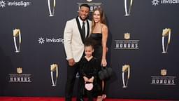 Saquan Barkley with Anna Congdon and daughter Jada Clare Barkley on the red carpet before the NFL Honors show at Resorts World Theatre.