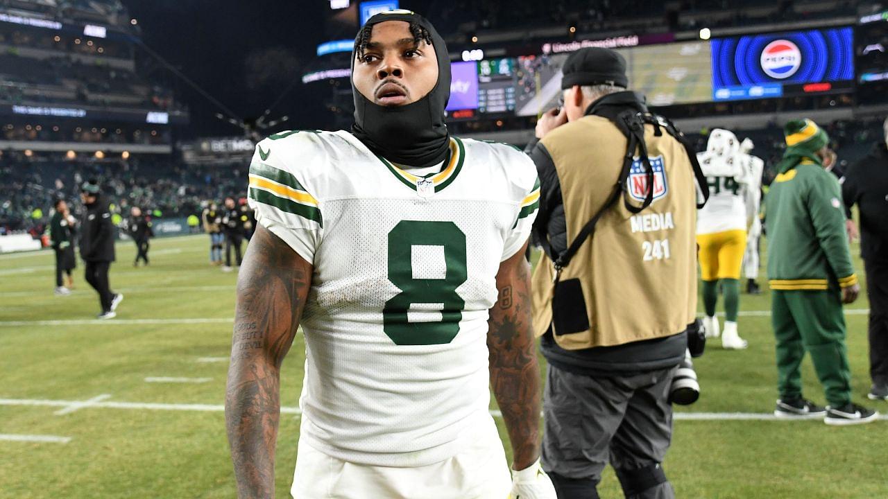 Green Bay Packers running back Josh Jacobs (8) reacts after the game against the Philadelphia Eagles in an NFC wild card game at Lincoln Financial Field.