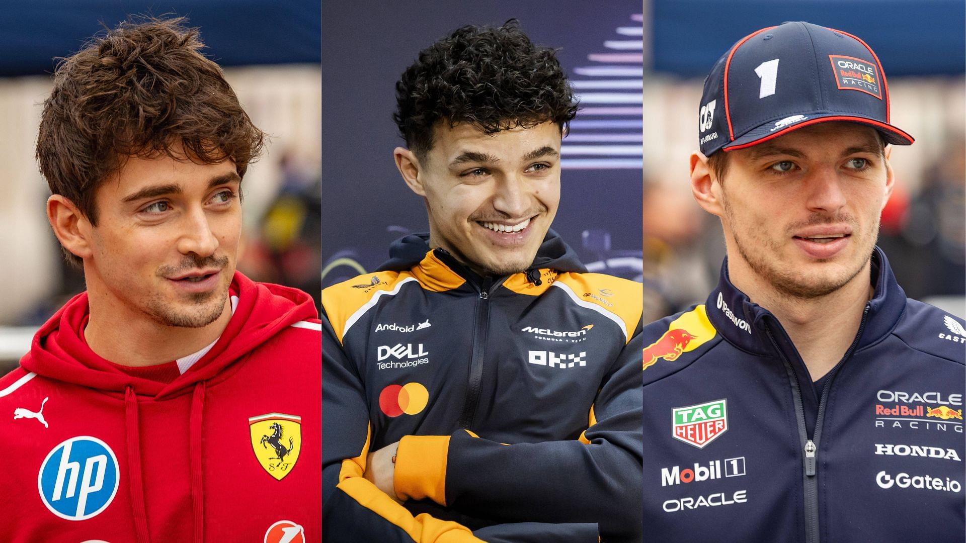 Charles Leclerc (L), Lando Norris (M), and Max Verstappen (R)