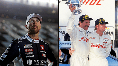 Denny Hamlin (L) and Dale Earnhardt Sr. with his son Dale Earnhardt Jr. (R).