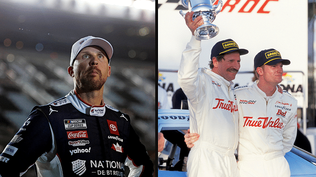 Denny Hamlin (L) and Dale Earnhardt Sr. with his son Dale Earnhardt Jr. (R).