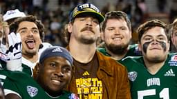 Dec 30, 2022; Tucson, AZ, USA; Barstool Sports personality Taylor Lewan poses for a photo with Ohio Bobcats players following the 2022 Barstool Sports Arizona Bowl at Arizona Stadium.