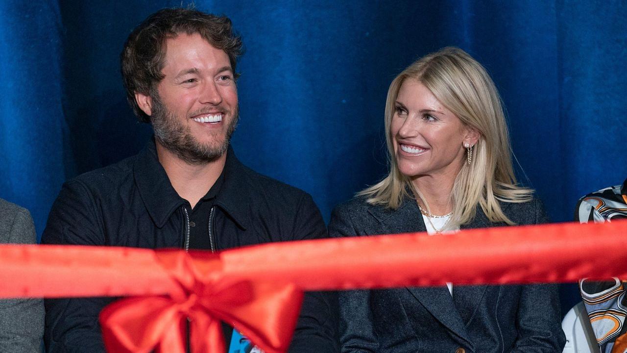 Mathew and Kelly Stafford share a laugh during speeches for the ribbon cutting of the Kelly and Matthew Stafford and Friends Education Center at the S.A.Y Detroit Play Center in Detroit on Monday, April 1, 2024.