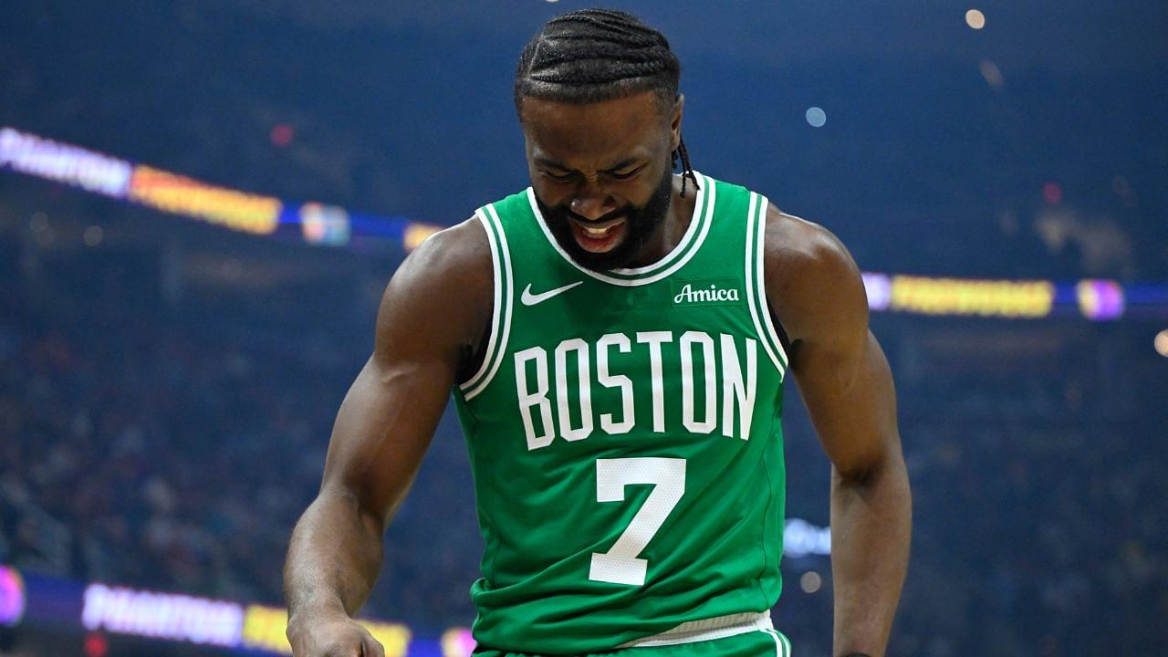 Boston Celtics guard Jaylen Brown (7) reacts in the first quarter against the Cleveland Cavaliers at Rocket Mortgage FieldHouse