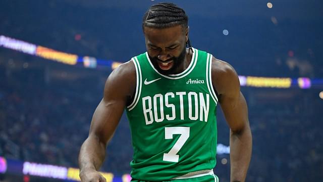 Boston Celtics guard Jaylen Brown (7) reacts in the first quarter against the Cleveland Cavaliers at Rocket Mortgage FieldHouse