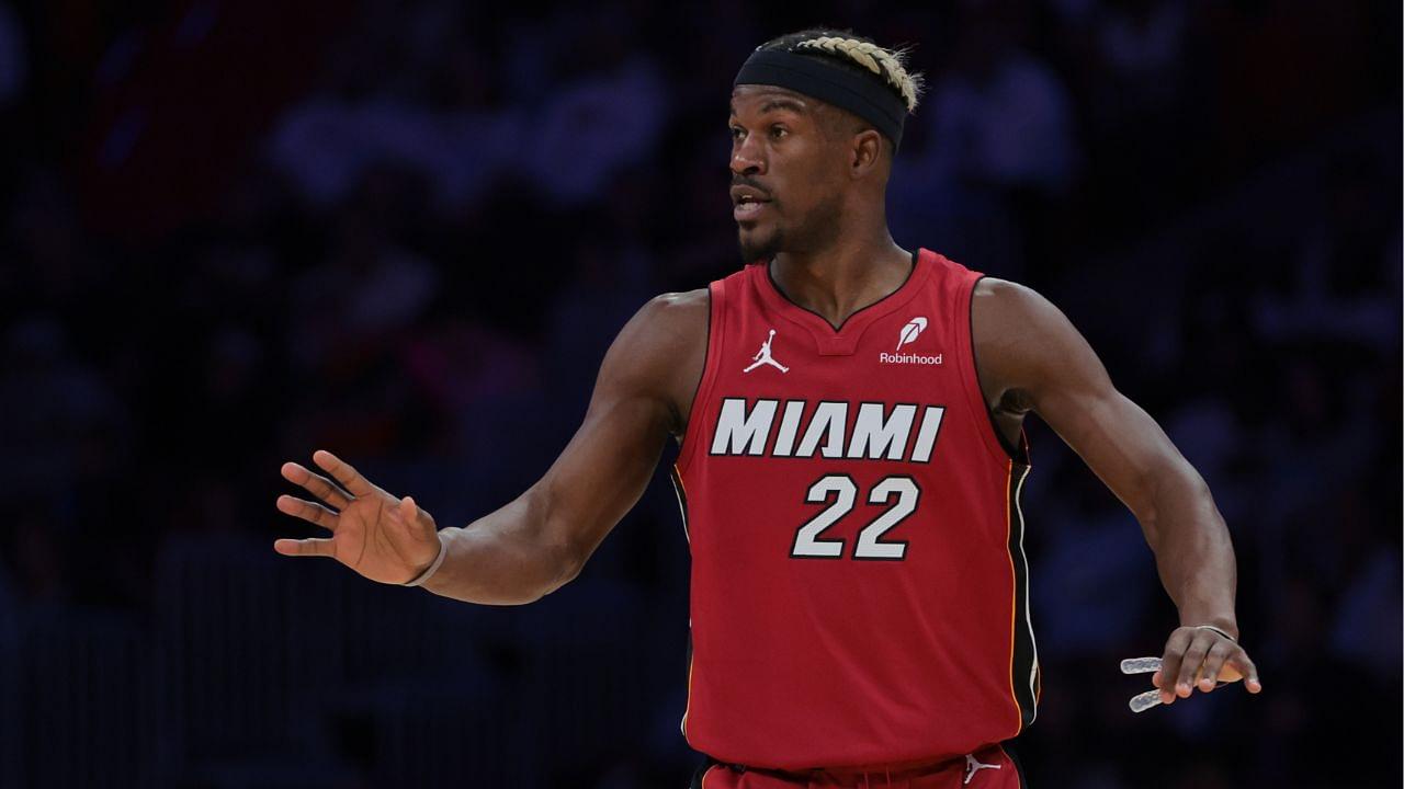 Miami Heat forward Jimmy Butler (22) reacts against the Portland Trail Blazers during the third quarter at Kaseya Center.