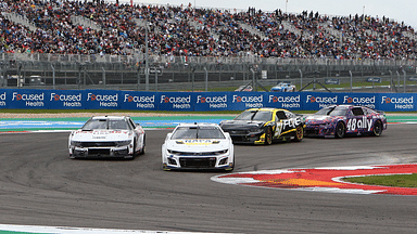 Mar 24, 2024; Austin, Texas, USA; NASCAR Cup Series driver Chase Elliott (9), driver Austin Cindric (2), driver Justin Haley (51) and driver Alex Bowman (48) in turn 15 during the EchoPark Automotive Grand Prix at Circuit of the Americas. Mandatory Credit: Michael C. Johnson-Imagn Images