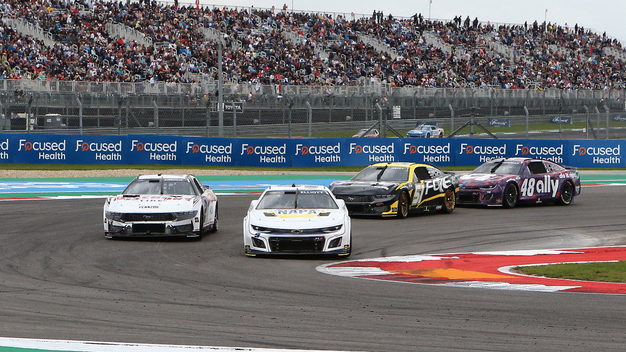 Mar 24, 2024; Austin, Texas, USA; NASCAR Cup Series driver Chase Elliott (9), driver Austin Cindric (2), driver Justin Haley (51) and driver Alex Bowman (48) in turn 15 during the EchoPark Automotive Grand Prix at Circuit of the Americas. Mandatory Credit: Michael C. Johnson-Imagn Images