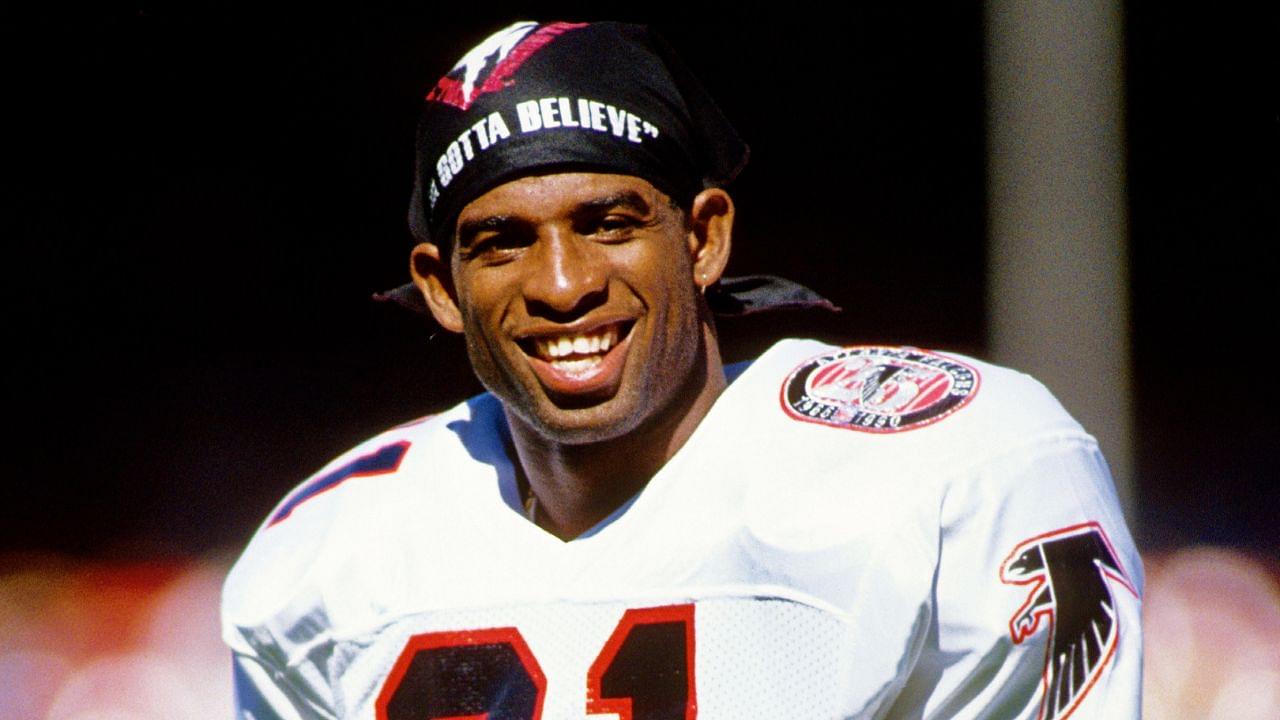 Atlanta Falcons defensive back Deion Sanders (21) walks onto the field prior to a game against the Los Angeles Rams at Anaheim Stadium.