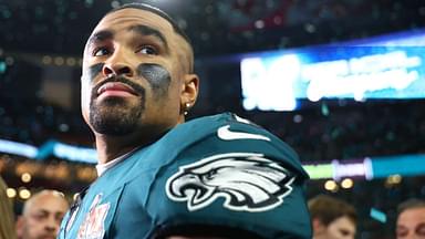 Philadelphia Eagles quarterback Jalen Hurts (1) reacts on the field after defeating the Kansas City Chiefs in Super Bowl LIX at Ceasars Superdome.