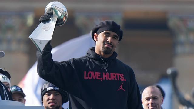 Feb 14, 2025; Philadelphia, PA, USA; Philadelphia Eagles quarterback Jalen Hurts holds the Vince Lombardi Trophy during the Super Bowl LIX championship parade and rally.