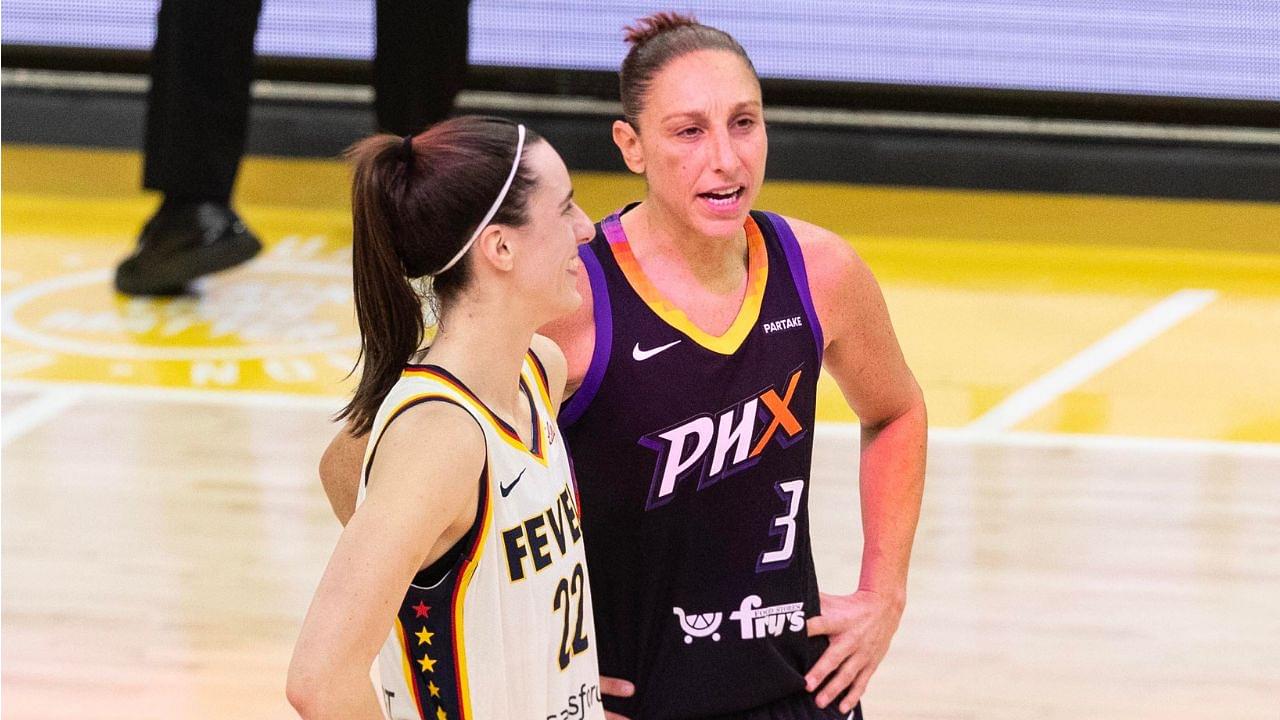 Indiana Fever guard Caitlin Clark (22) and Phoenix Mercury guard Diana Taurasi (3) talk at half court during a free throw on June 30, 2024, at Footprint Center in Phoenix.