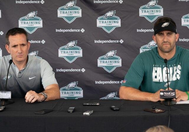 Philadelphia Eagles general manager Howie Roseman (L) and head coach Nick Sirianni (R) speak with the media at training camp at NovaCare Complex.