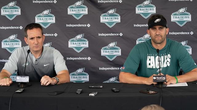 Philadelphia Eagles general manager Howie Roseman (L) and head coach Nick Sirianni (R) speak with the media at training camp at NovaCare Complex.