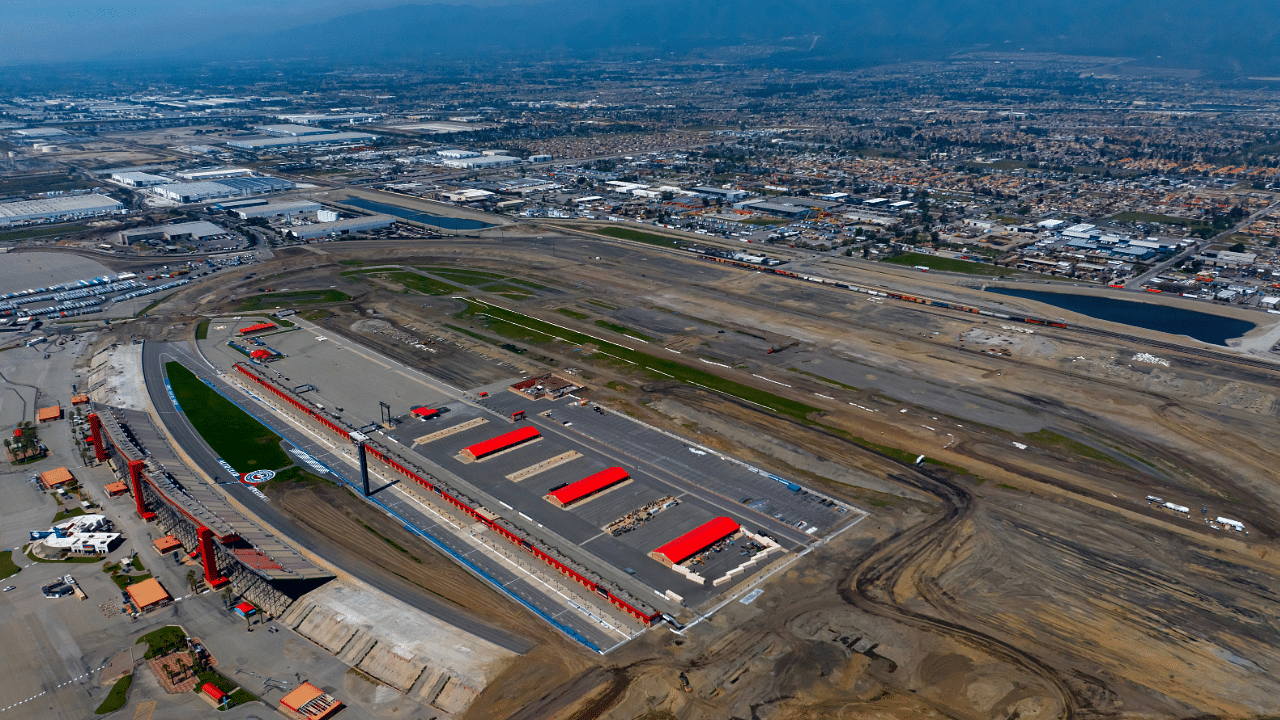 Mar 22, 2024; Fontana, CA, USA; Aerial overall view of construction efforts to tear down portions of Auto Club California Speedway. Mandatory Credit: Mark J. Rebilas-Imagn Images