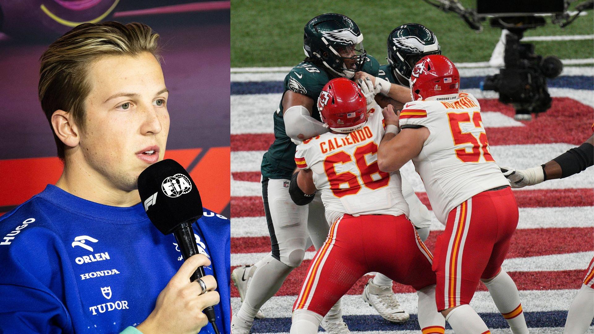 Liam Lawson (L), The Super Bowl game between the Kansas City Chiefs and the Philadelphia Eagles (R)