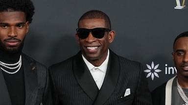 Feb 6, 2025; New Orleans, LA, USA; Deion Sanders with his sons Shedeur Sanders (left) and Deion Sanders Jr. (right) on the red carpet before Super Bowl LIX NFL Honors at Saenger Theatre.