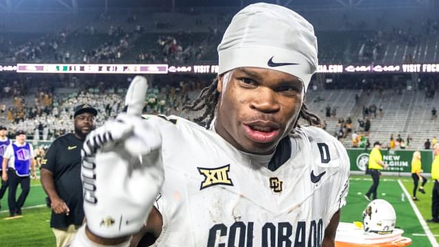 CU football standout athlete Travis Hunter flashes a No. 1 with his finger after a win against CSU in the Rocky Mountain Showdown at Canvas Stadium on Saturday, Sept. 14, 2024, in Fort Collins, Colo.