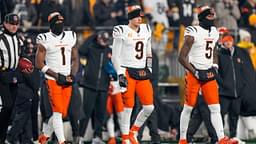 Cincinnati Bengals wide receiver Ja'Marr Chase (1), quarterback Joe Burrow (9) and wide receiver Tee Higgins (5) take the field as captains for the coin toss before the first quarter of the NFL Week 18 game between the Pittsburgh Steelers and the Cincinnati Bengals at Acrisure Stadium in Pittsburgh on Saturday, Jan.