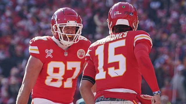 Dec 21, 2024; Kansas City, Missouri, USA; Kansas City Chiefs tight end Travis Kelce (87) celebrates with quarterback Patrick Mahomes (15) after Mahomes’ touchdown against the Houston Texans during the first half at GEHA Field at Arrowhead Stadium.