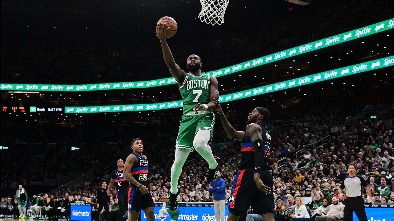 Boston Celtics guard Jaylen Brown (7) shoots a layup against the Detroit Pistons during the second half at TD Garden.