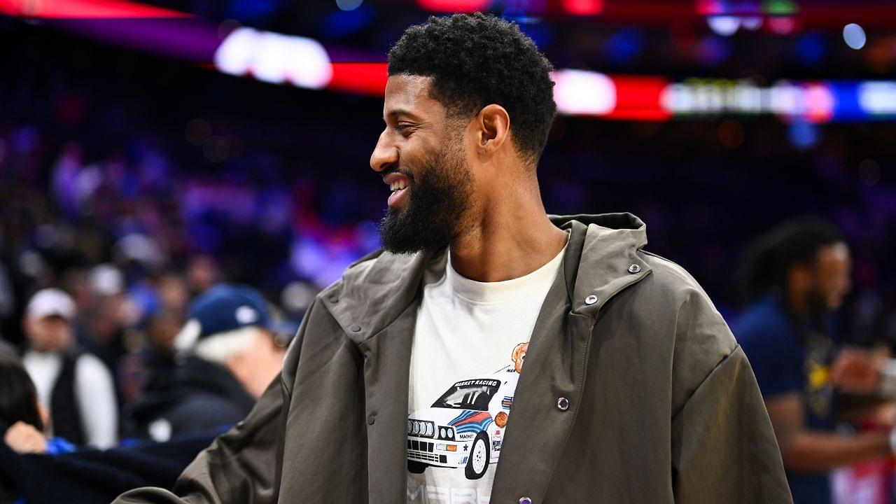 Philadelphia 76ers forward Paul George (8) looks on after the game against the Denver Nuggets at Wells Fargo Center.