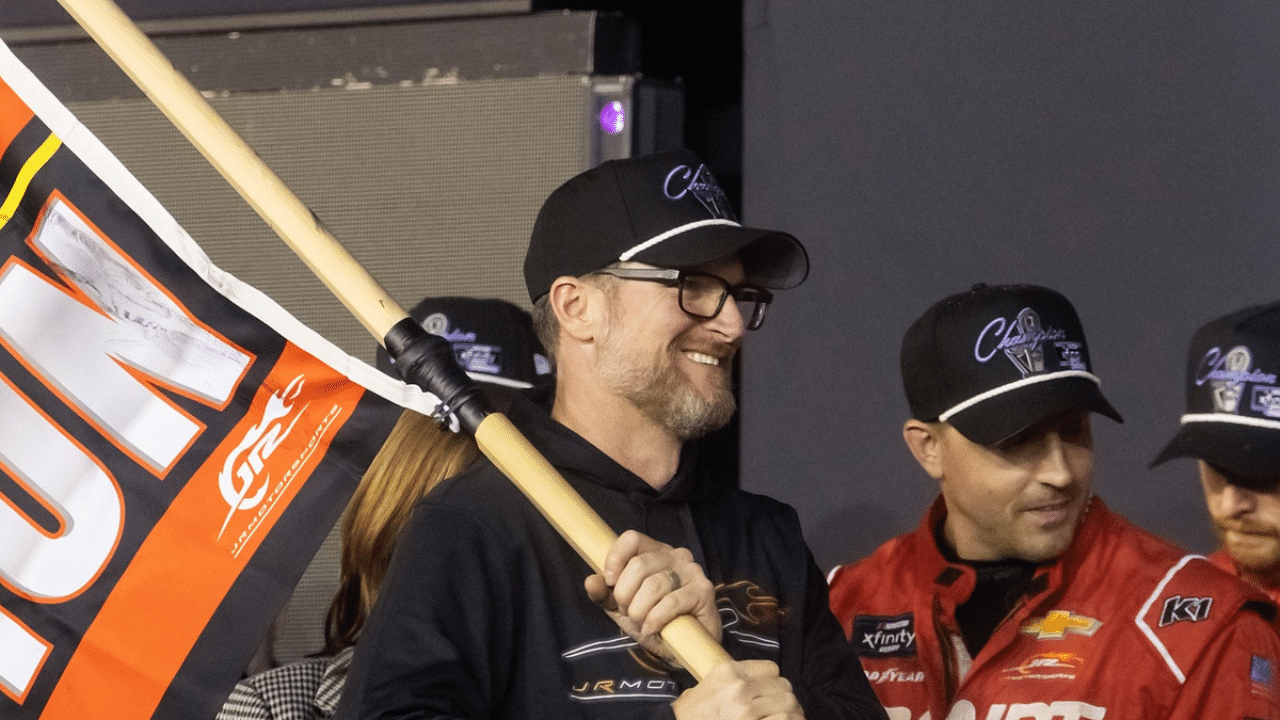 NASCAR Xfinity Series team owner Dale Earnhardt Jr celebrates after winning the 2024 Xfinity Series championship with driver Justin Allgaier (not pictured) during the Championship race at Phoenix Raceway.