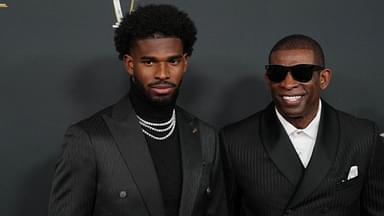 Deion Sanders (right) with his son Shedeur Sanders on the red carpet before Super Bowl LIX NFL Honors at Saenger Theatre.