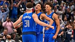 Dallas Mavericks guard Klay Thompson (31) and guard Max Christie (00) and forward Kessler Edwards (20) celebrates after Thompson makes a three point shot to take a one point lead during overtime against the Sacramento Kings at the American Airlines Center.