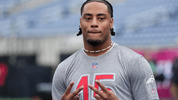 Feb 1, 2025; Orlando, FL, USA; Denver Broncos linebacker Nik Bonitto (15) poses during AFC Practice for the Pro Bowl Games at Camping World Stadium. Mandatory Credit: Kirby Lee-Imagn Images