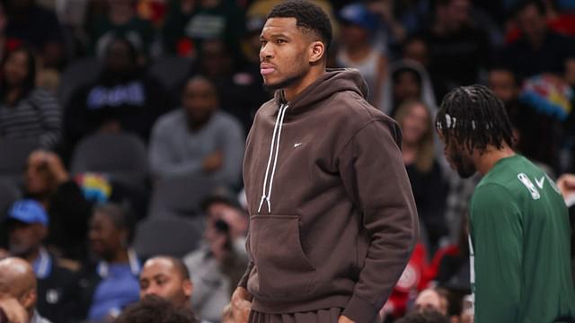 Milwaukee Bucks forward Giannis Antetokounmpo (34) on the sideline against the Atlanta Hawks in the fourth quarter at State Farm Arena.