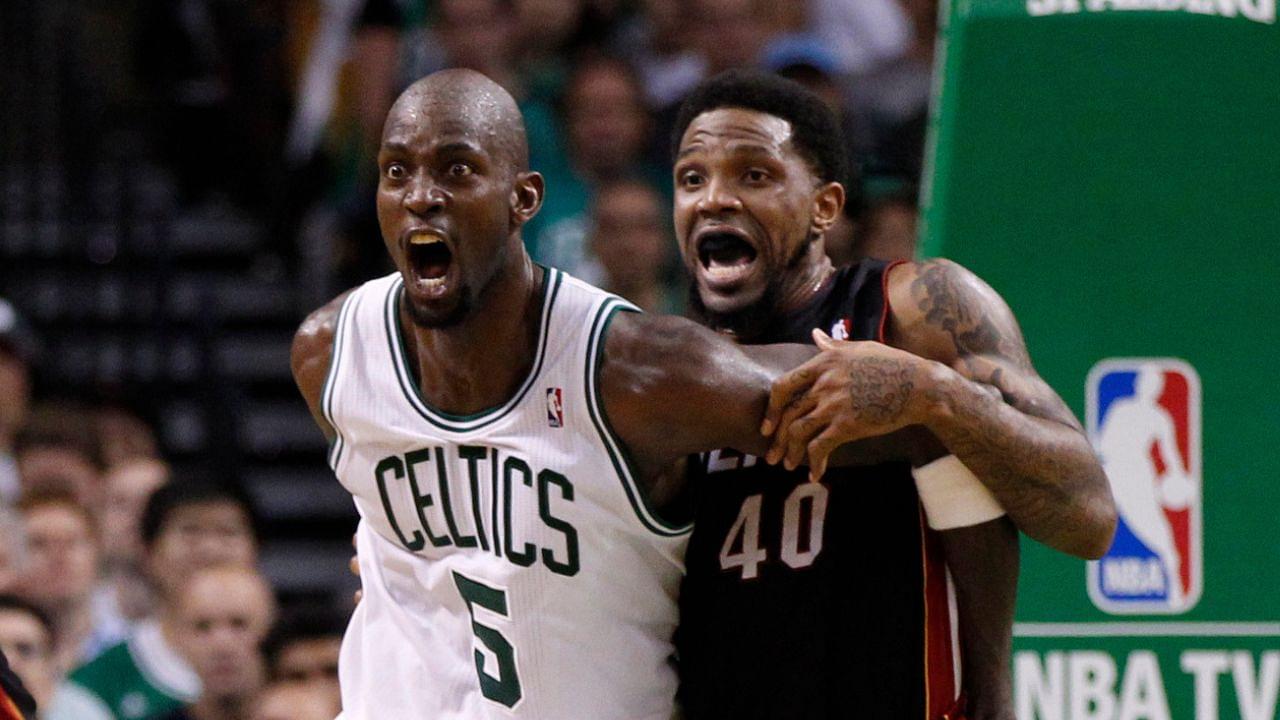 Boston Celtics power forward Kevin Garnett (5) battles for position with Miami Heat power forward Udonis Haslem (40) during the first half in game four of the Eastern Conference finals of the 2012 NBA playoffs at TD Garden