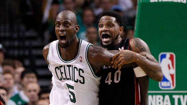 Boston Celtics power forward Kevin Garnett (5) battles for position with Miami Heat power forward Udonis Haslem (40) during the first half in game four of the Eastern Conference finals of the 2012 NBA playoffs at TD Garden