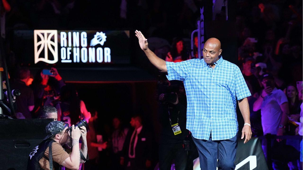 Phoenix Suns legend Charles Barkley greets fans during a Ring of Honor half time ceremony of the game against the Utah Jazz at Footprint Center