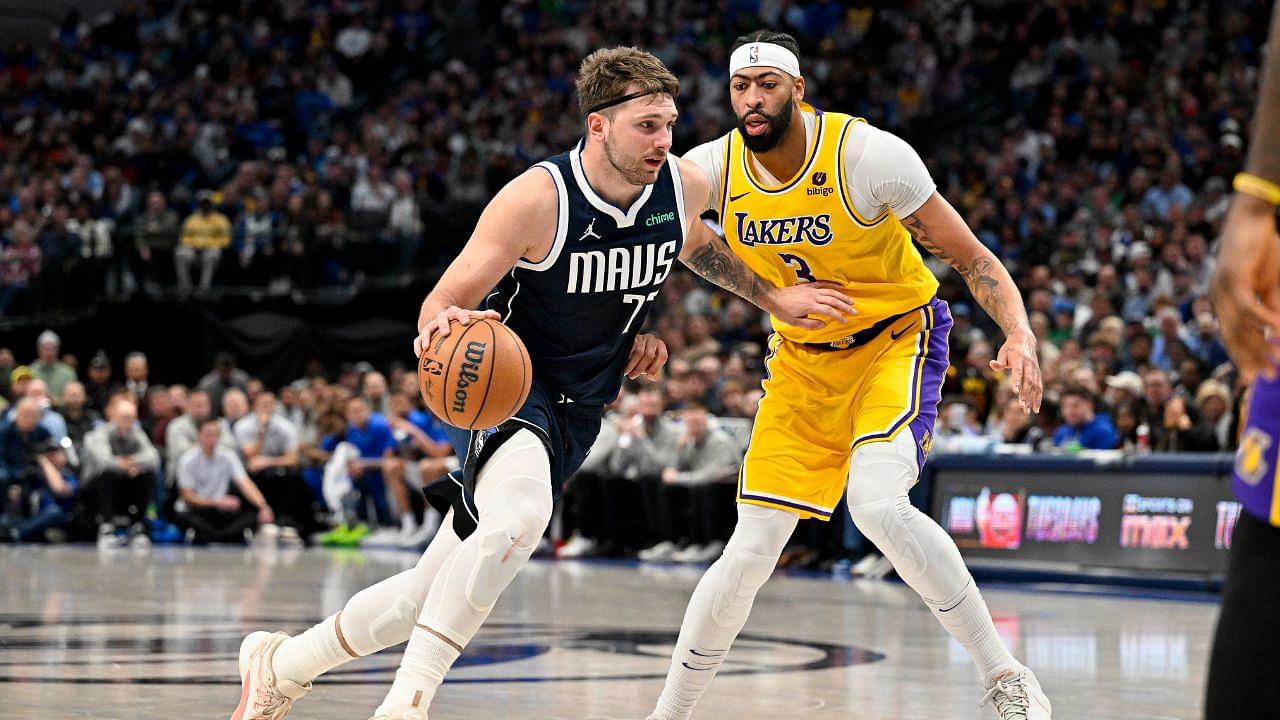 Dallas Mavericks guard Luka Doncic (77) and Los Angeles Lakers forward Anthony Davis (3) in action during the game between the Dallas Mavericks and the Los Angeles Lakers at the American Airlines Center.