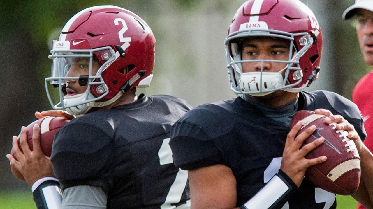 Alabama quarterbacks Jalen Hurts (2) and Tua Tagovailoa (13) warm up as Alabama quarterbacks coach Dan Enos looks on during Alabama's practice on the Barry University campus in Miami Shores, Fla., on Thursday December 27, 2018. Alabama plays Oklahoma in the Orange Bowl on Saturday.