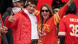 Kansas City Chiefs quarterback Patrick Mahomes (15) celebrates with his mother Randi Martin during the Kansas City Chiefs Super Bowl parade.