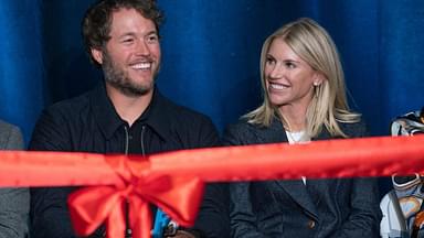 Mathew and Kelly Stafford share a laugh during speeches for the ribbon cutting of the Kelly and Matthew Stafford and Friends Education Center at the S.A.Y Detroit Play Center in Detroit on Monday, April 1, 2024.