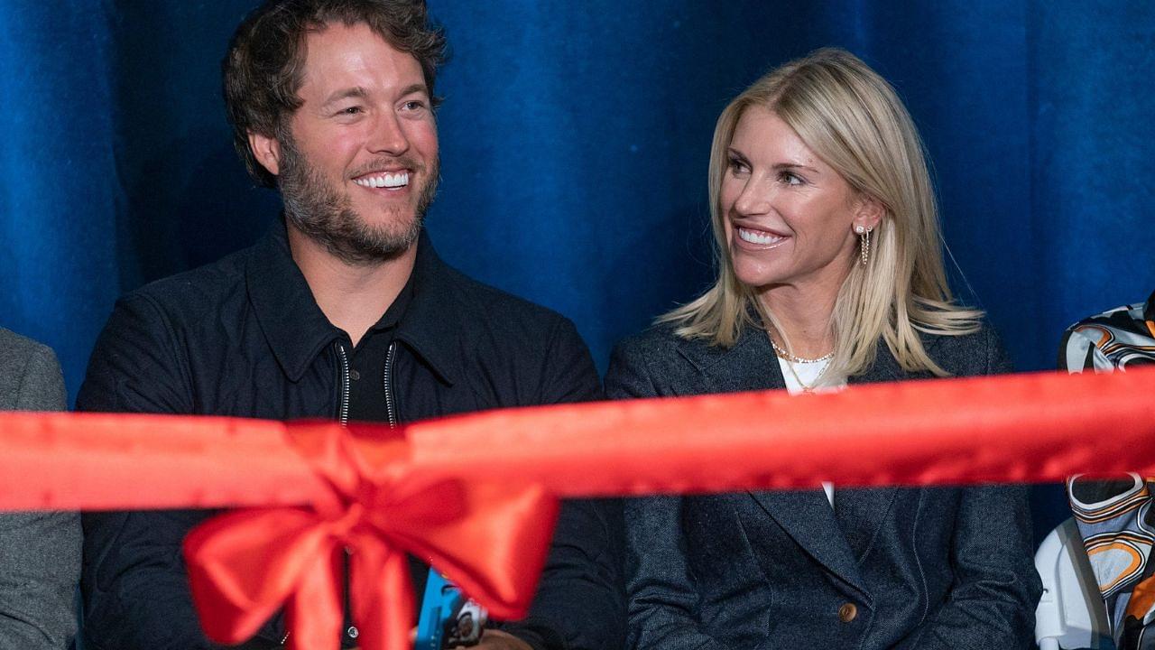 Mathew and Kelly Stafford share a laugh during speeches for the ribbon cutting of the Kelly and Matthew Stafford and Friends Education Center at the S.A.Y Detroit Play Center in Detroit on Monday, April 1, 2024.