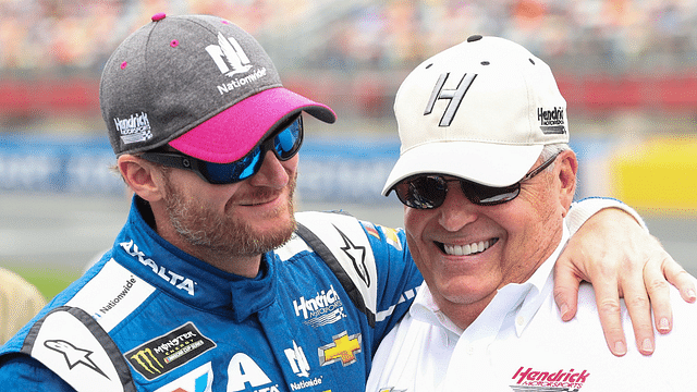 Monster Energy NASCAR Cup Series driver Dale Earnhardt Jr. (88) has a light moment before his last race with team owner Rick Hendrick during the Bank of American 500 at Charlotte Motor Speedway.