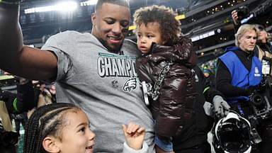 Philadelphia Eagles running back Saquon Barkley (26) celebrates after winning the NFC Championship game against the Washington Commanders at Lincoln Financial Field.