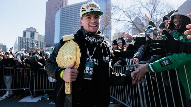 Philadelphia Eagles cornerback Cooper DeJean (33) celebrates during the Super Bowl LIX championship parade and rally.