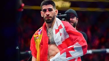 Ilia Topuria celebrates his championship victory against Alexander Volkanovski during UFC 298 at Honda Center.