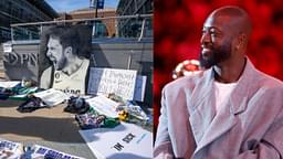 Luka Doncic posters in front of American Airlines Center (L) and Dwyane Wade (R)