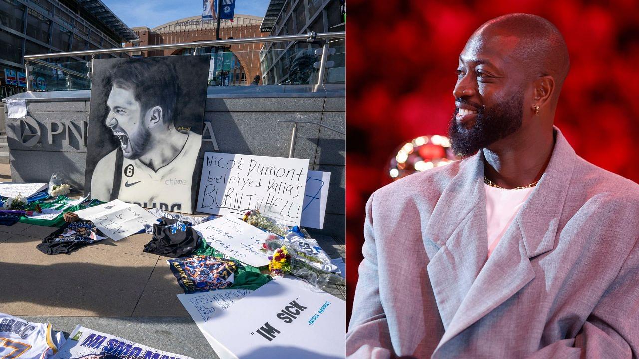 Luka Doncic posters in front of American Airlines Center (L) and Dwyane Wade (R)